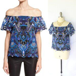 Alice + Olivia Maxie Guipure crochet Lace Off Shoulder Blouse Blue Embroidered